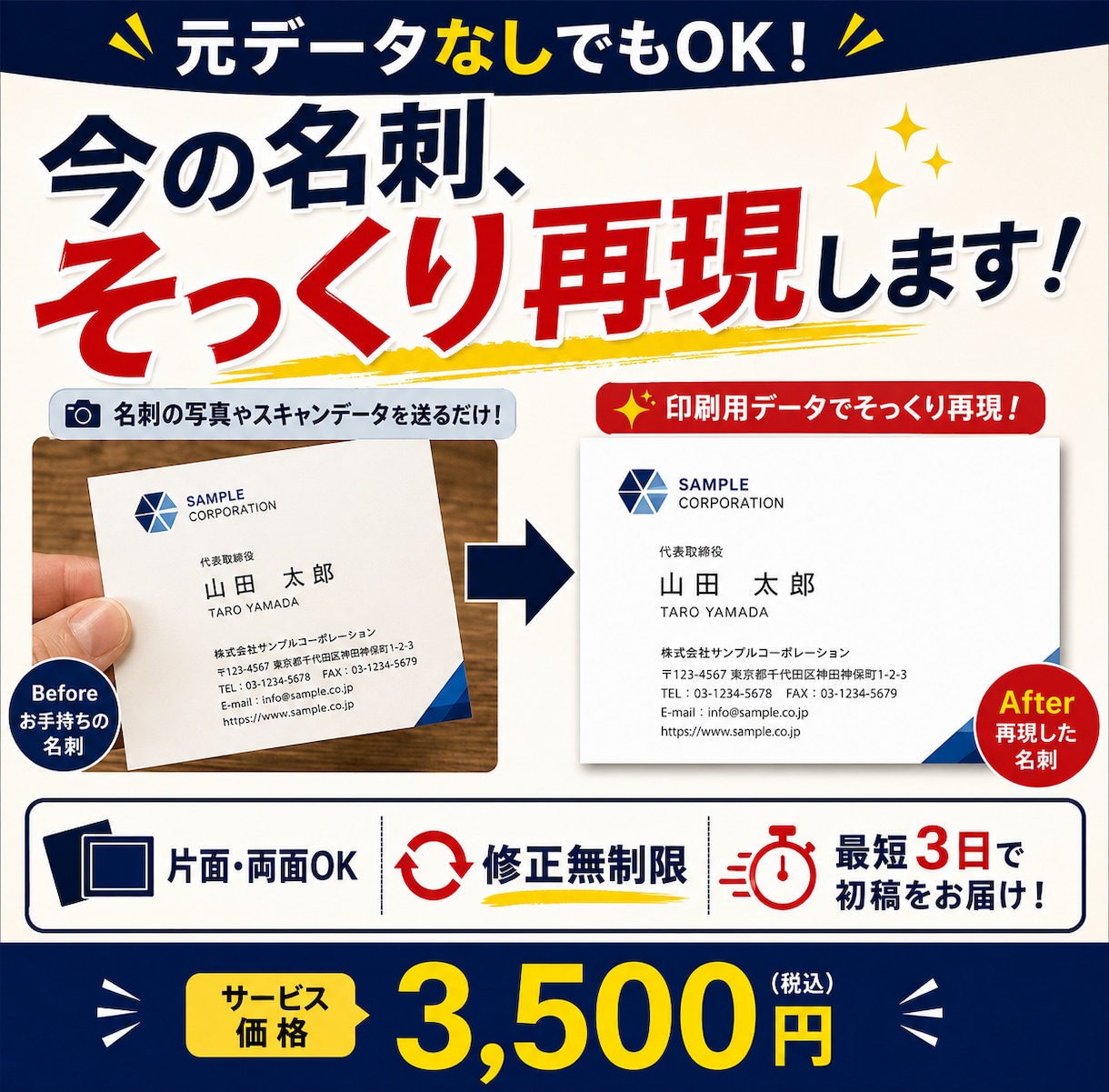 今使っている名刺そっくりに名刺作ります 名刺を元データなしでも画像から再現。片面・両面共にOK イメージ1