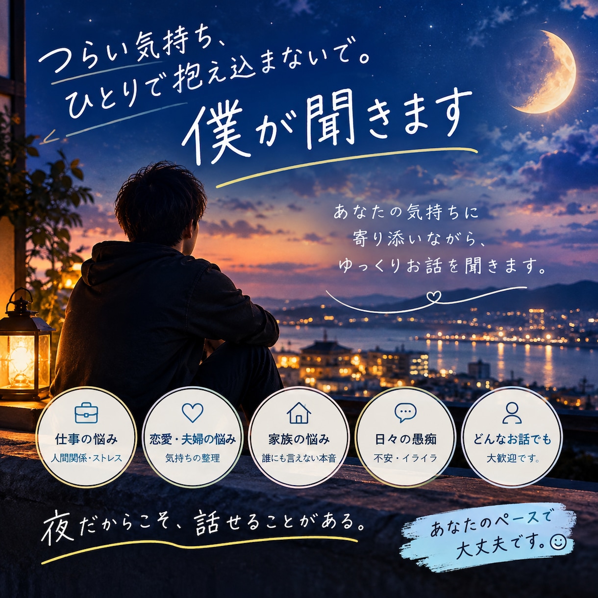 つらい気持ち、ひとりで抱え込まないで。僕が聞きます 愚痴も弱音も大歓迎！あなたの気持ちに寄り添います イメージ1