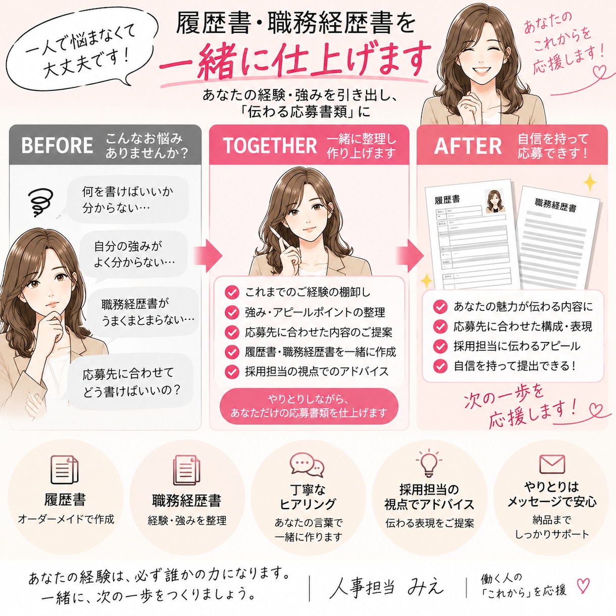 採用担当が履歴書・職務経歴書を一緒に仕上げます ヒアリングから完成まで｜AI任せにせず人の目で一緒に作ります イメージ3