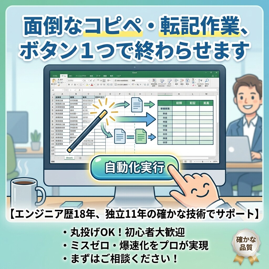 コピペ転記の繰り返し作業、ボタン１つで自動化します エンジニア歴18年。コピペ等の単純作業、ボタン1つに変えます イメージ1