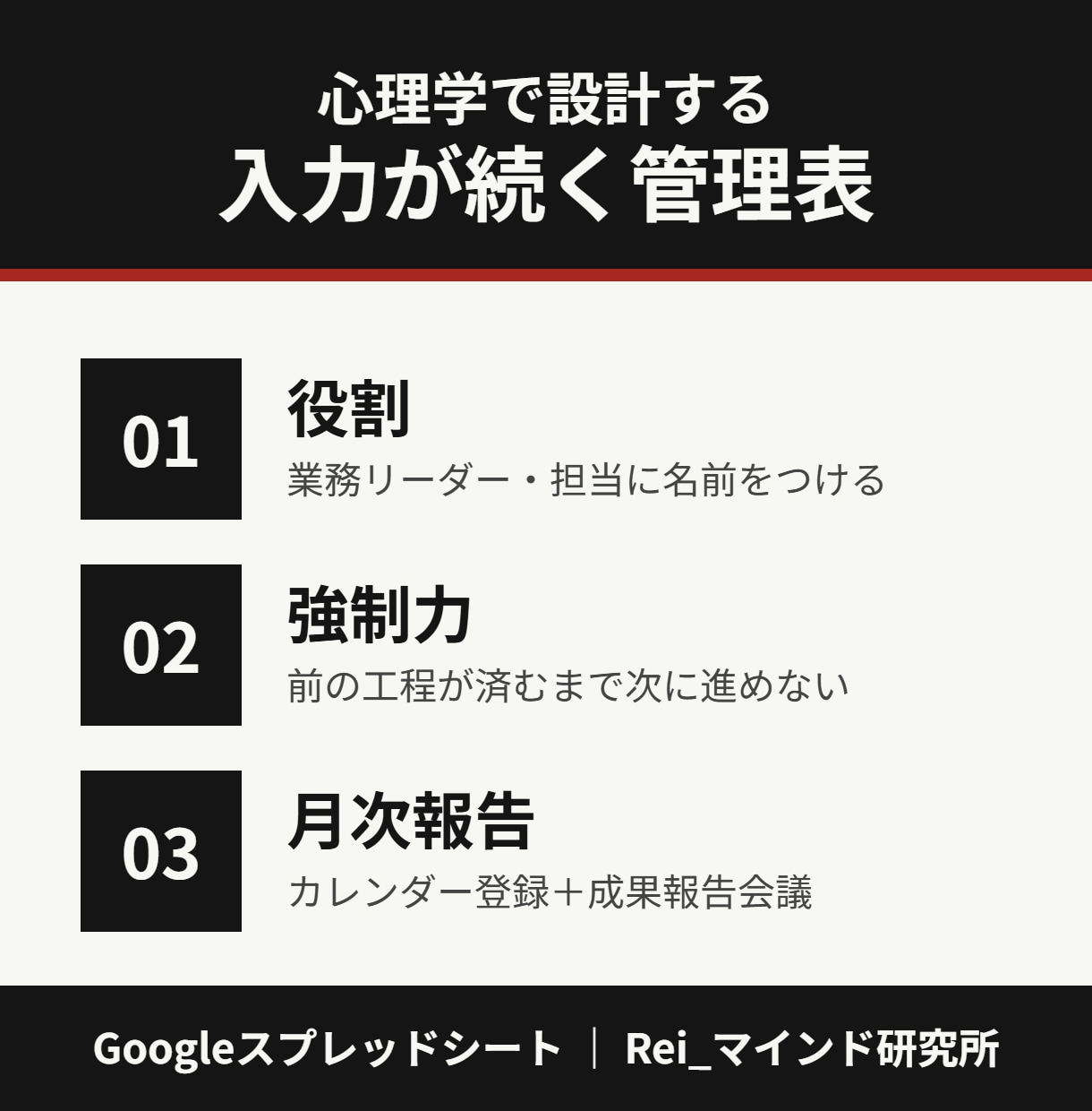 入力が続く管理表を心理学の設計で作ります 担当・期限・月次報告まで仕組みにして定着させます イメージ1
