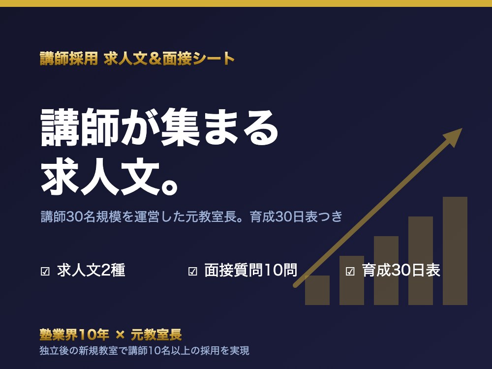 塾の講師募集の求人文と面接質問を作ります 講師30名規模を運営した元教室長。採用後30日の育成表つき イメージ1