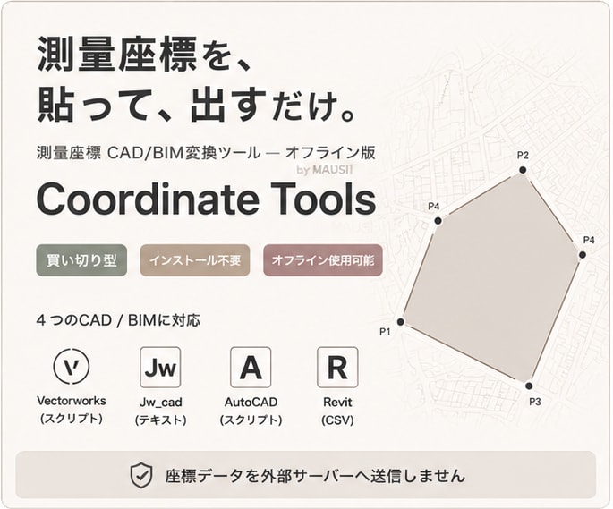 測量座標をCAD/BIM用データに変換します 「測量座標を、貼って、CADへ出すだけ」 イメージ1