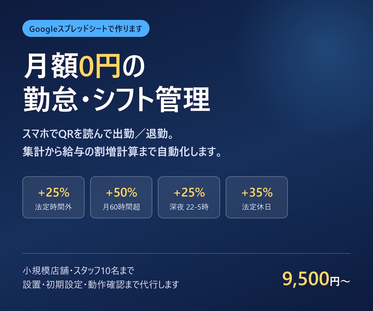 QR打刻の勤怠・シフト管理を作ります 月額0円。残業・深夜・休日割増まで自動で計算します イメージ1