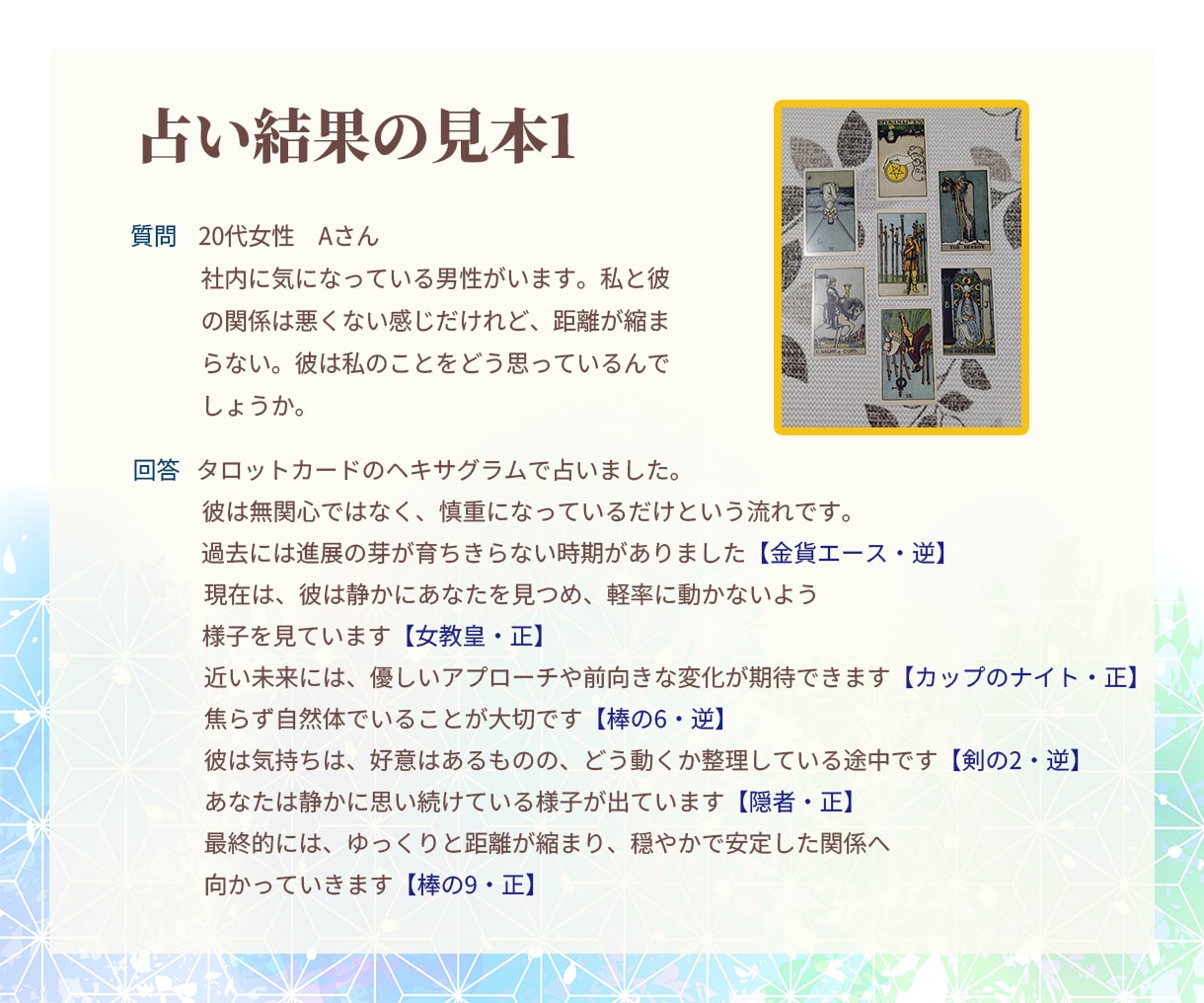 お二人の未来とこれからを丁寧に鑑定します タロット／ルノルマンで恋の行方や可能性を読み解きます イメージ3