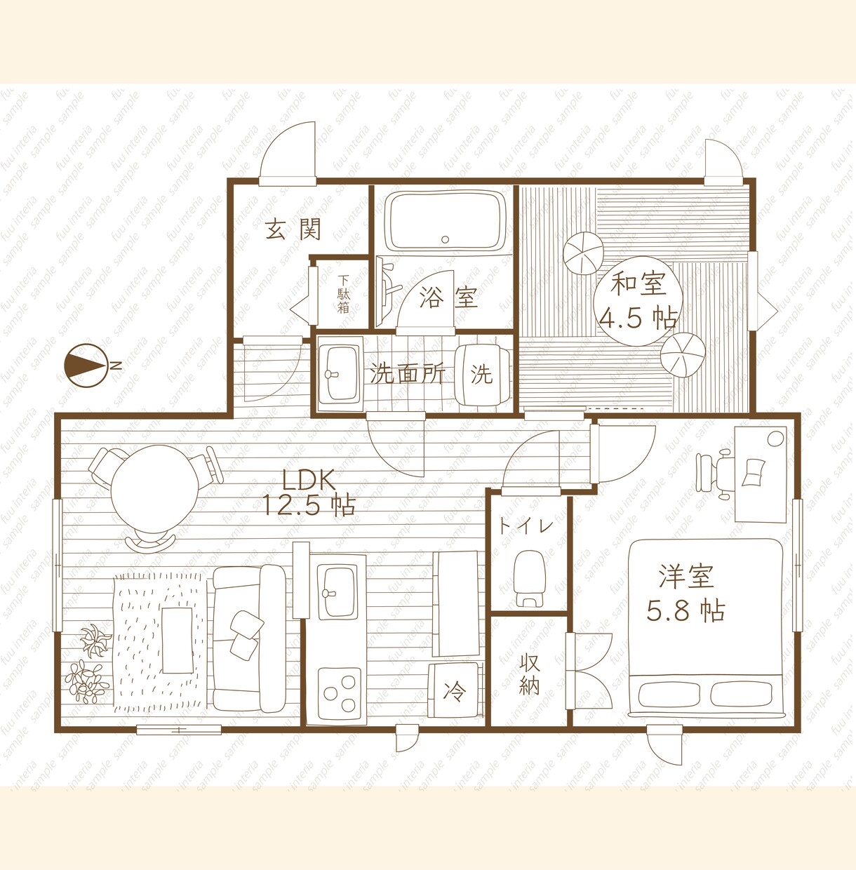 一級建築士がおしゃれなワンカラー間取図を作成します 不動産広告、民泊にもおすすめ！手書き家具入り単色間取り図 イメージ4