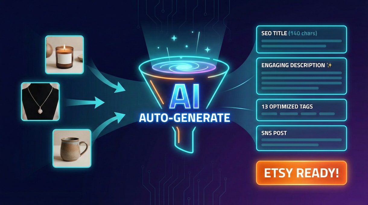英語必須のEtsy出品データを全自動で作ります 「英語の説明文…」「13個のタグ…」悩みを1クリックで解決！ イメージ1