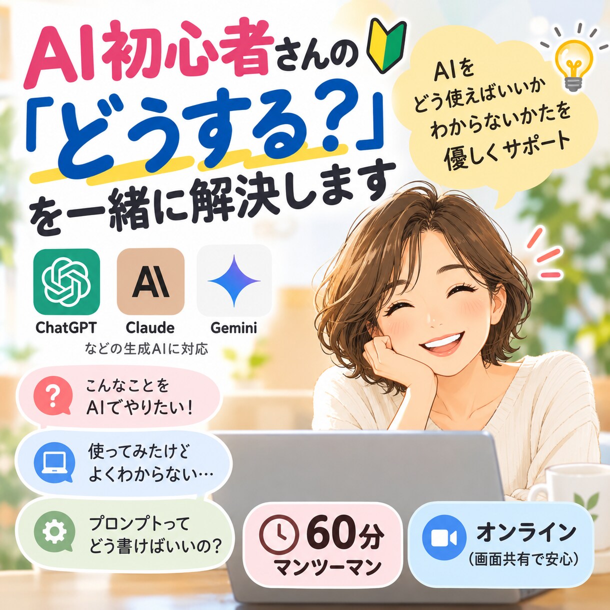 AI初心者さんの「どうする？」を一緒に解決します AIをどう使えばいいかわからないかたを優しくサポート イメージ1
