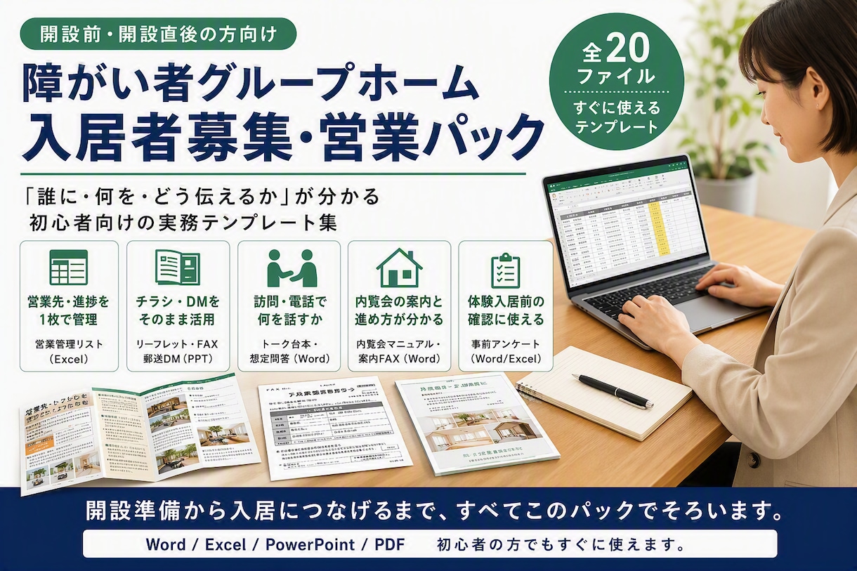 障害者グループホームの入居者集め営業一式を渡します 誰に何を持っていくか。営業の型を20点セットでお渡しします イメージ1