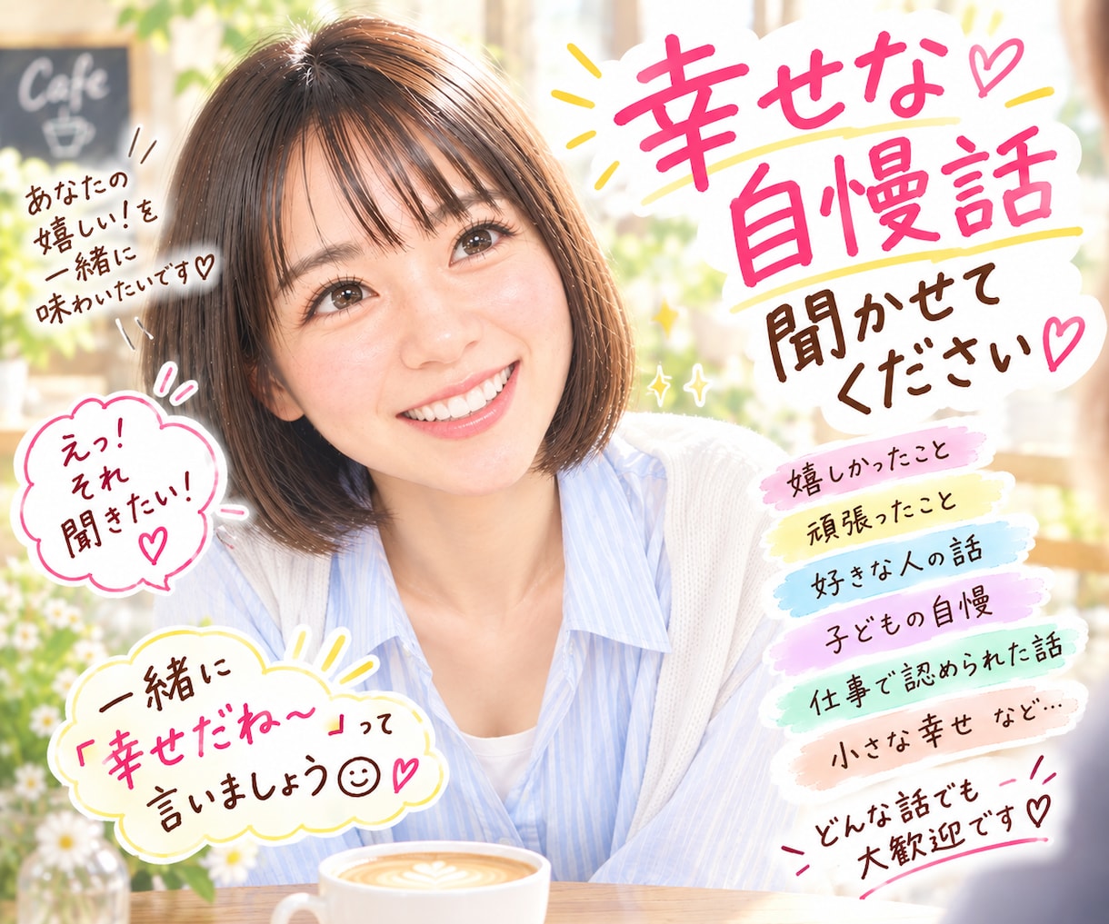嬉しい話・自慢話を楽しくワクワクしながら聞きます 幸せ報告も雑談も大歓迎♡1分から気軽にどうぞ イメージ2