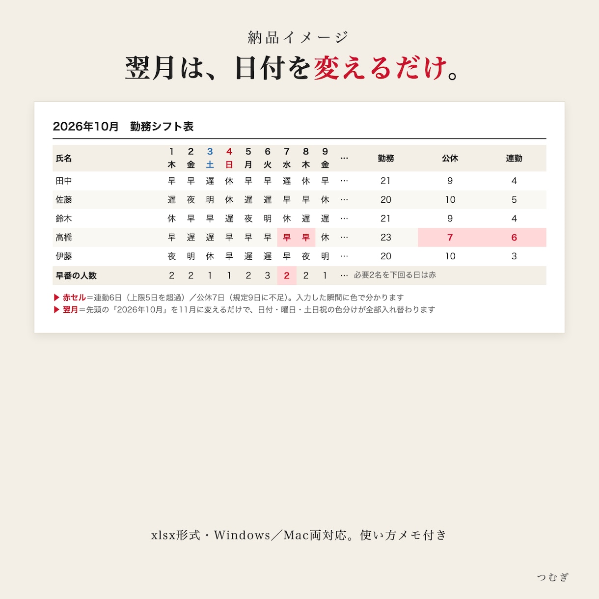 Excelのシフト表・勤務表を作ります 翌月は日付を変えるだけ。公休数と連勤を自動チェック イメージ2