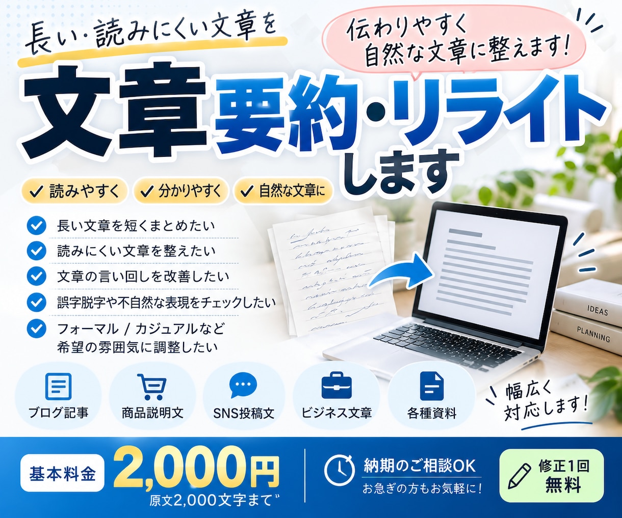 文章を読みやすく自然に要約・リライトします 長い・読みにくい文章を、伝わりやすく自然な文章に整えます！ イメージ1