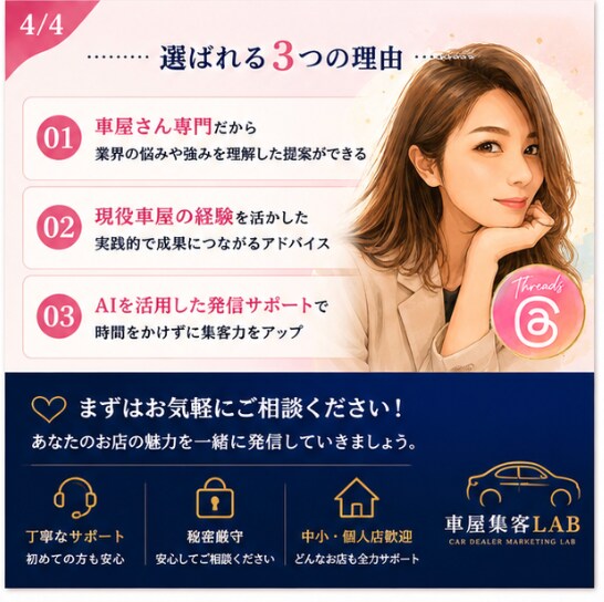車屋さん専門/Threads集客を診断改善します 現役車屋が問い合わせにつながる発信をサポート イメージ6