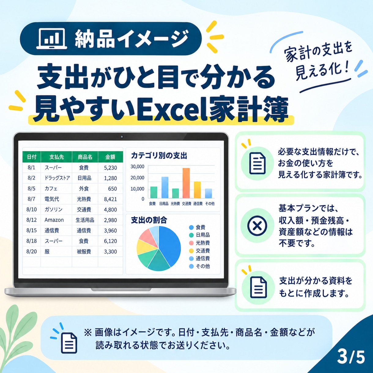 レシート・明細から支出特化型家計簿を作成します 収入・資産の情報は不要。支出だけでお金の使い方を見える化 イメージ3