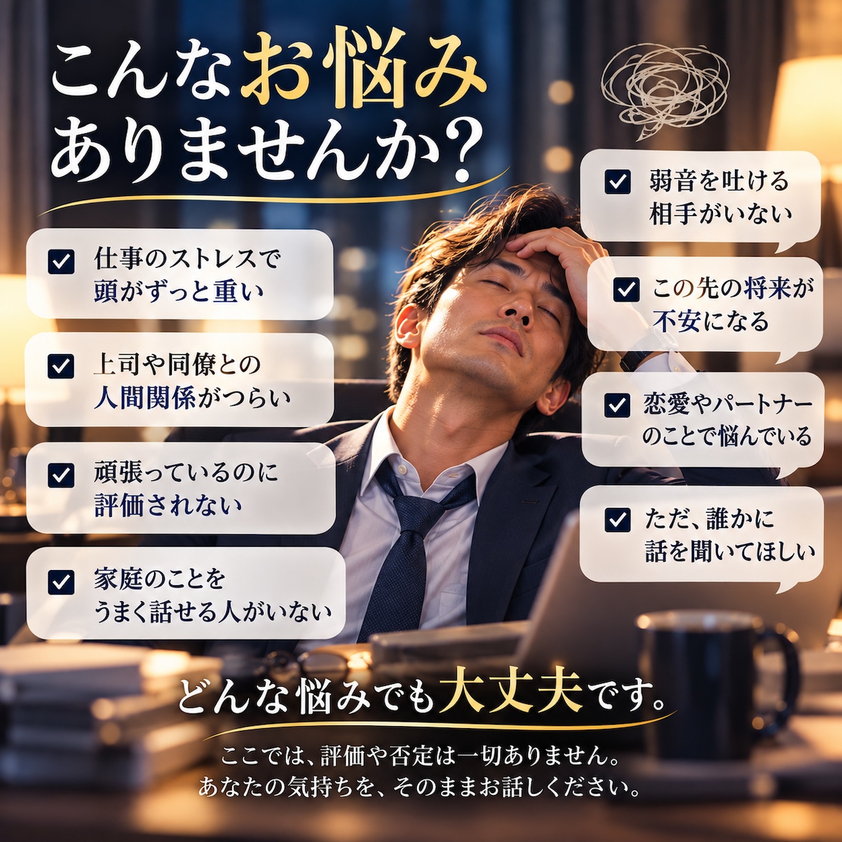頑張りすぎたあなたのお話をゆっくり聴きます 弱音も愚痴もOK。心が少し軽くなる時間を…。 イメージ2