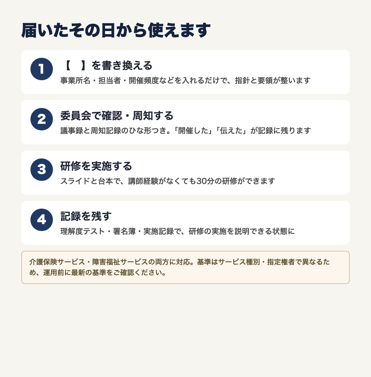 虐待防止・身体拘束の研修キット7点を納品します 介護・障害福祉の減算対策に｜指針・委員会・研修記録まで一式 イメージ3