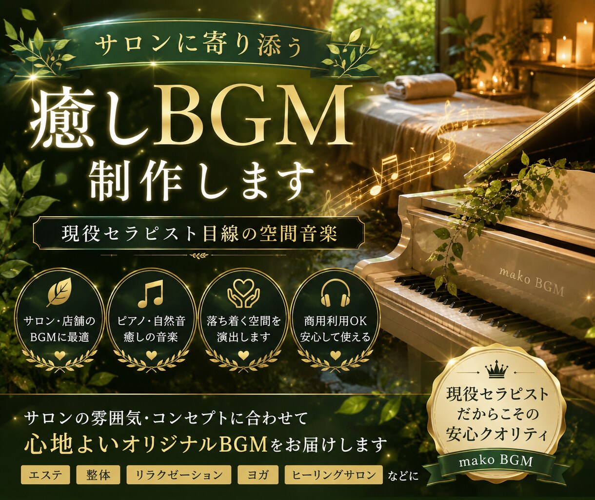 サロンに寄り添う癒しBGMを制作します 現役セラピスト目線で心地よい空間音楽をお作りします イメージ1