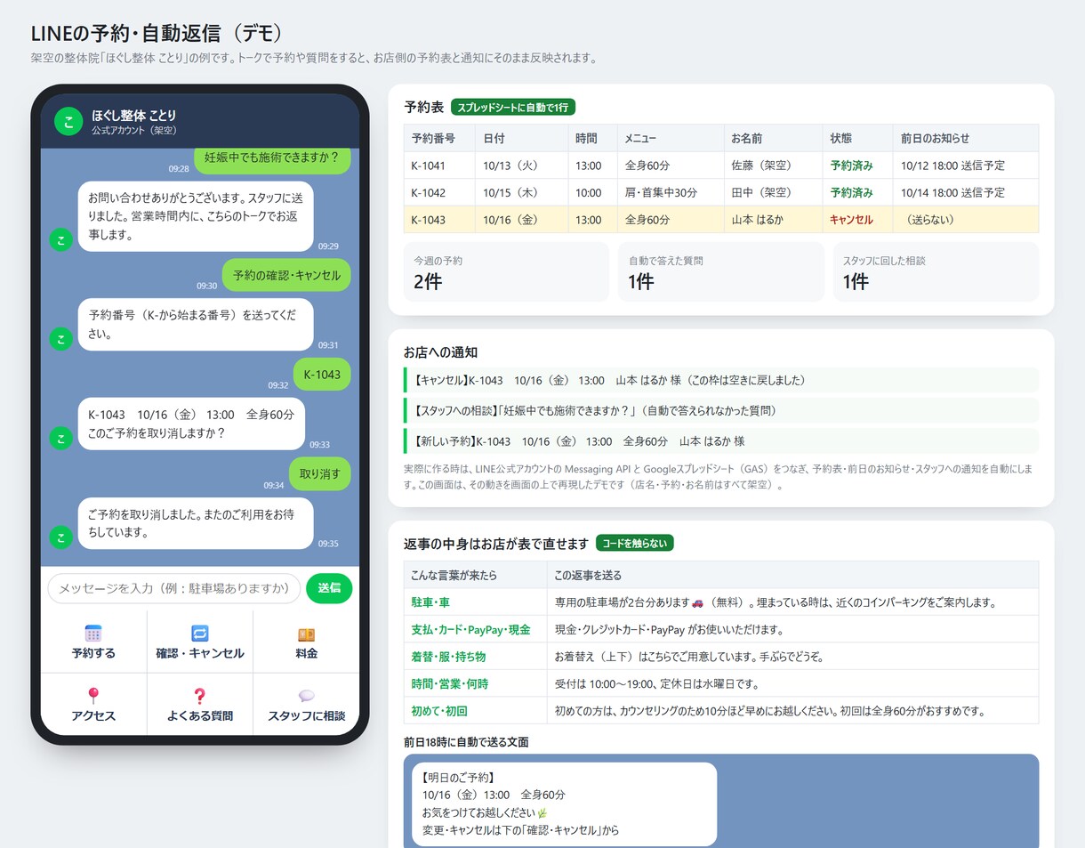 LINEで予約の受付と自動返信を作ります 空き時間だけ出す予約・前日のお知らせまで イメージ3