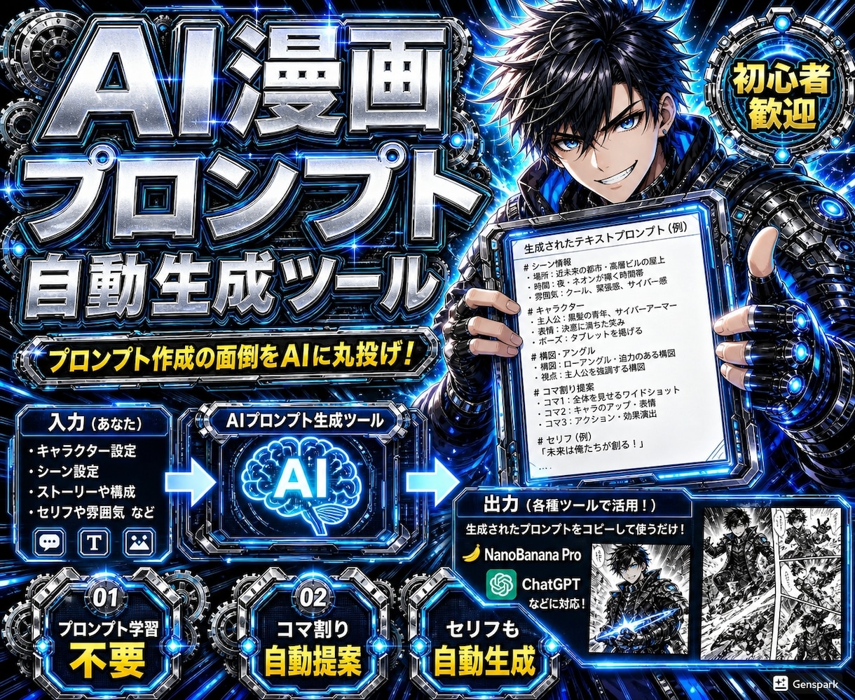 漫画づくりのAIプロンプト作成ツールを販売します 呪文の暗記もコマ割りも不要。貼るだけで漫画が完成します イメージ1