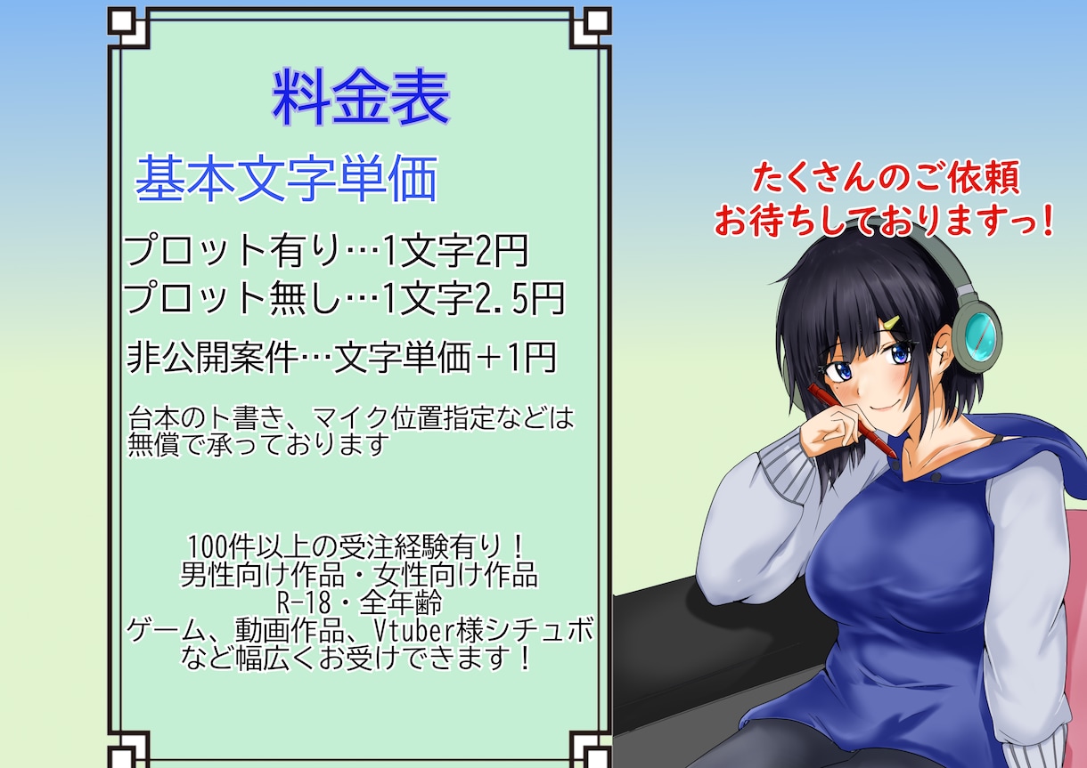 同人音声作品やシチュボのシナリオ台本、承ります 100件以上の実績有り！ご依頼、お待ちしております！ イメージ2