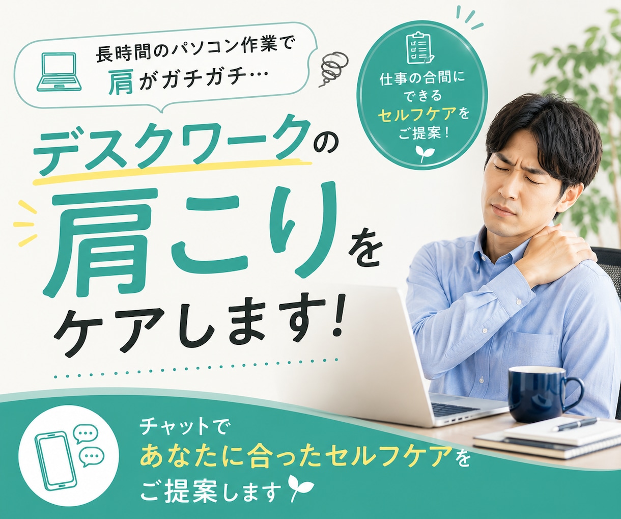 デスクワーク中の肩こりをケアします 仕事の合間にできるセルフケアを提案 イメージ1