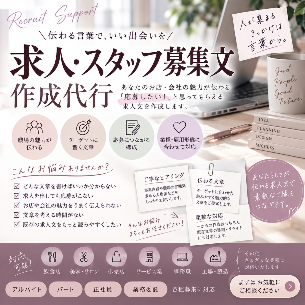 求人、スタッフ募集文の作成代行いたします ヒアリングし、ターゲットに伝わりやすい文章に整えます。 イメージ1