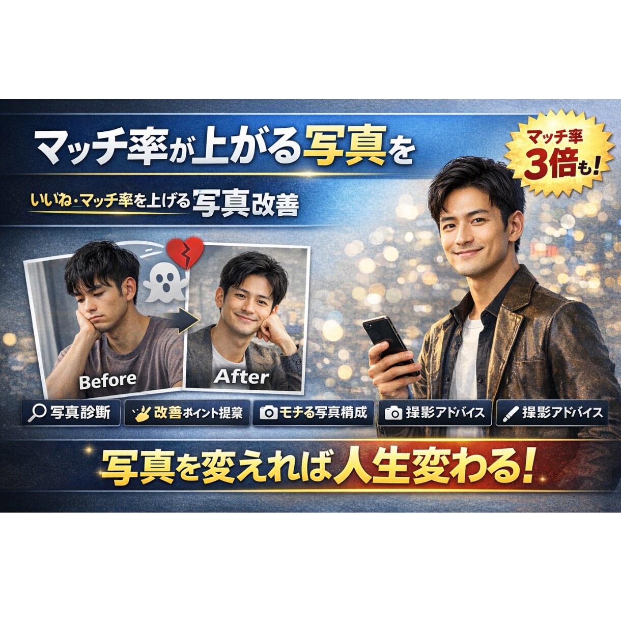 マッチ率が上がるプロフィール写真を徹底改善します いいね・マッチ率を上げる写真改善 イメージ1