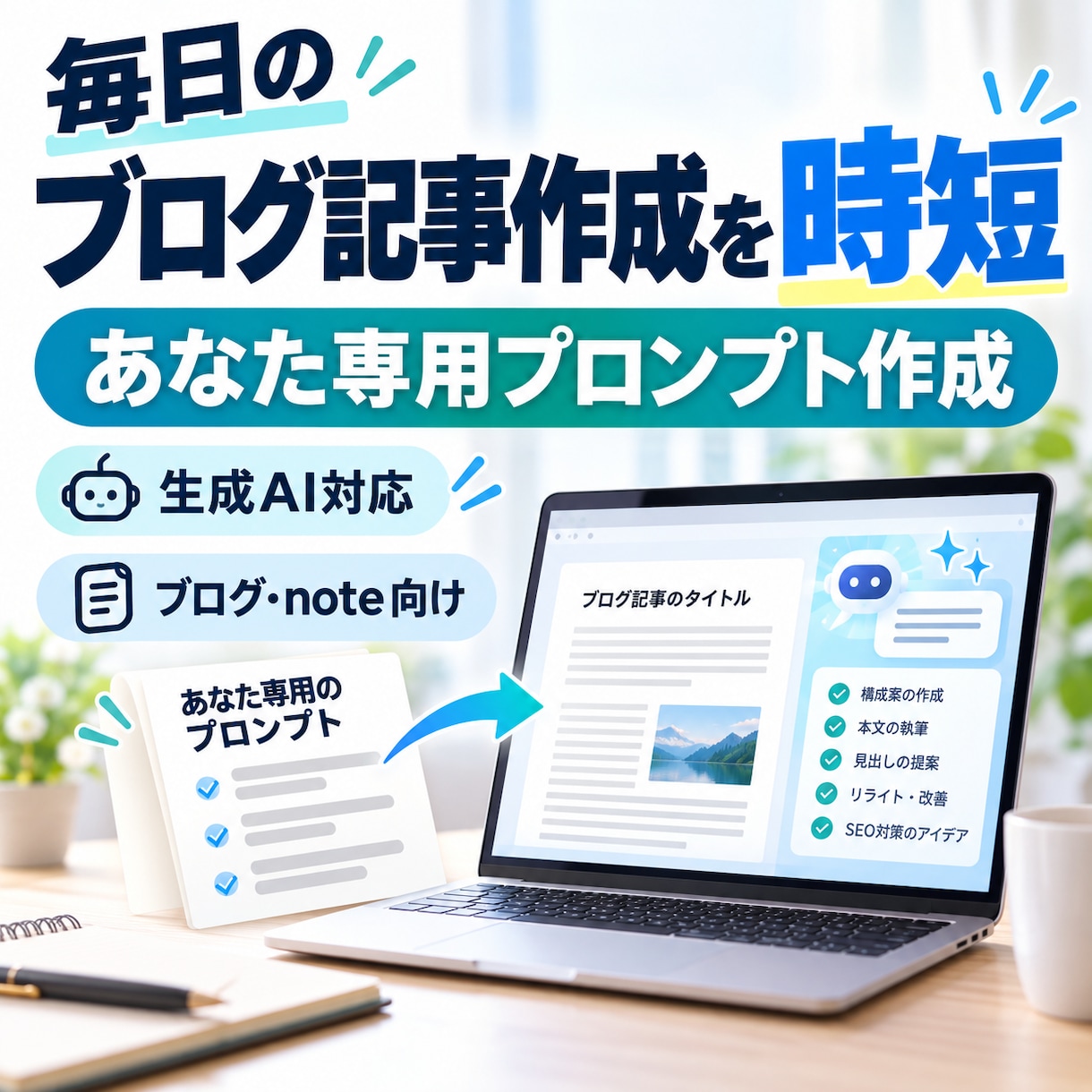 毎日のブログ記事作成を時短するプロンプト作ります あなた専用に、構成から本文まで使える型を作成 イメージ1