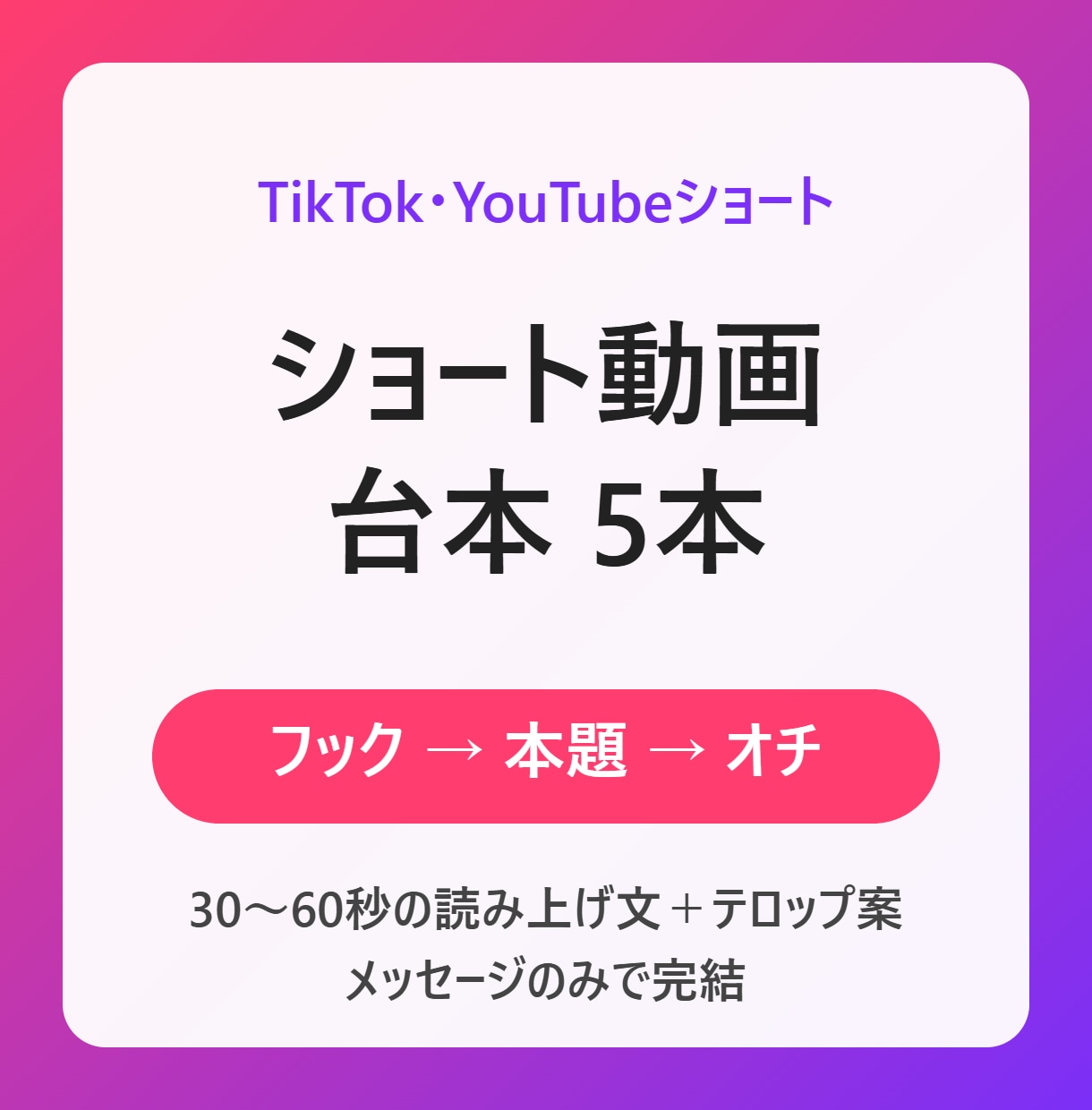 ショート動画の台本を5本まとめて作ります TikTok・YouTubeショート対応｜フック重視 イメージ1