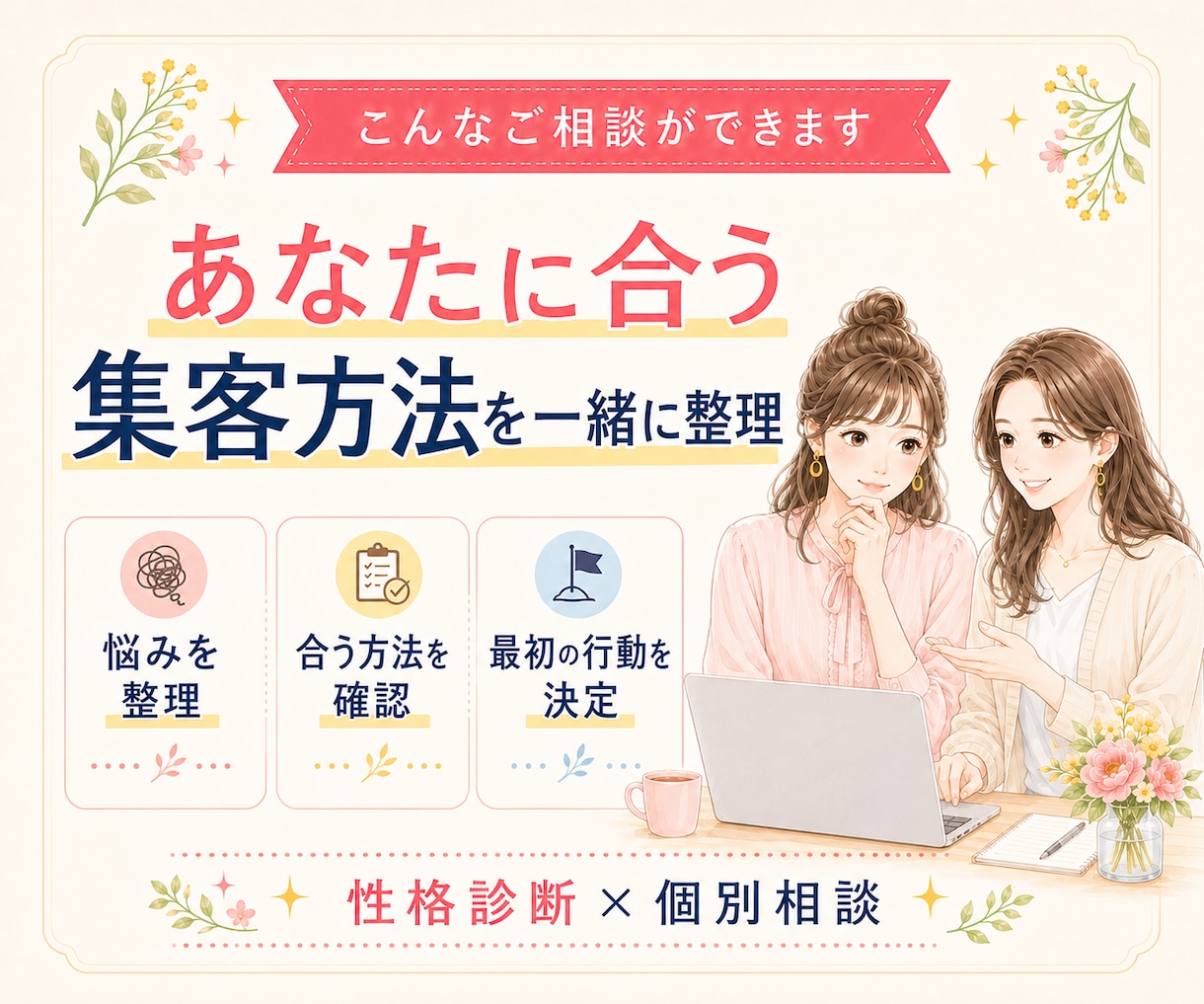 起業初心者の集客方法を性格診断から一緒に整理します 性格に合わせて今の状況から起業の最初の一歩まで一緒に決定♪ イメージ2