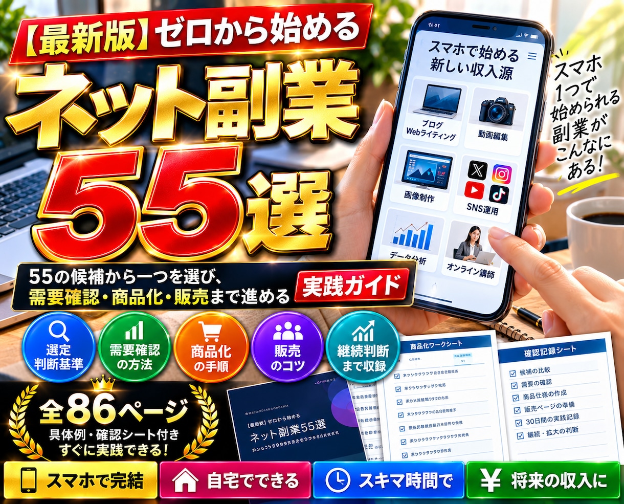 初心者向け副業55選!!を完全解説致します 55候補から「自分に合う副業」を見つける実践ガイド!! イメージ1