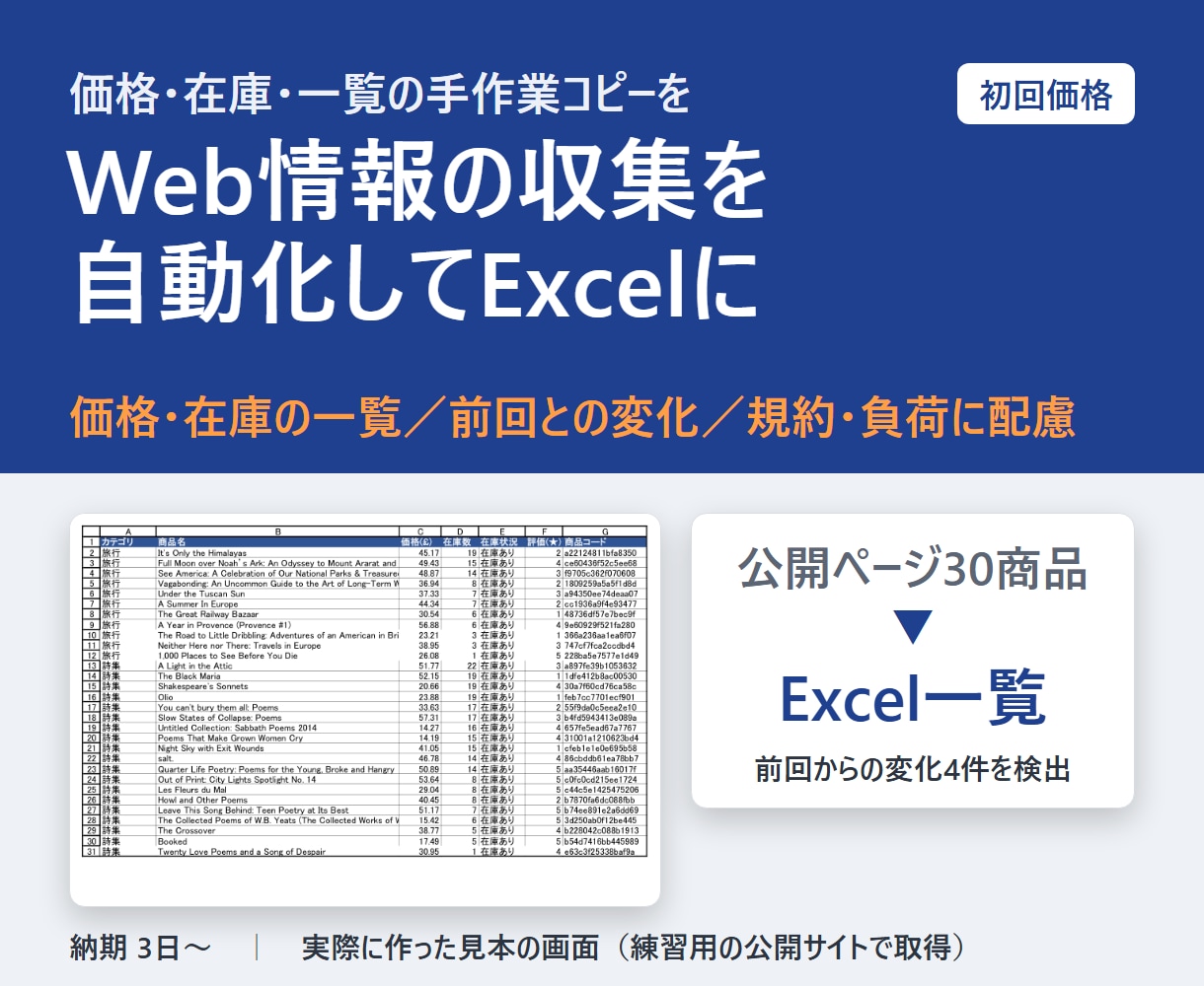 Webの公開情報を自動で集めてExcelにします 価格・在庫・一覧をスクレイピング。前回比較も可 イメージ2