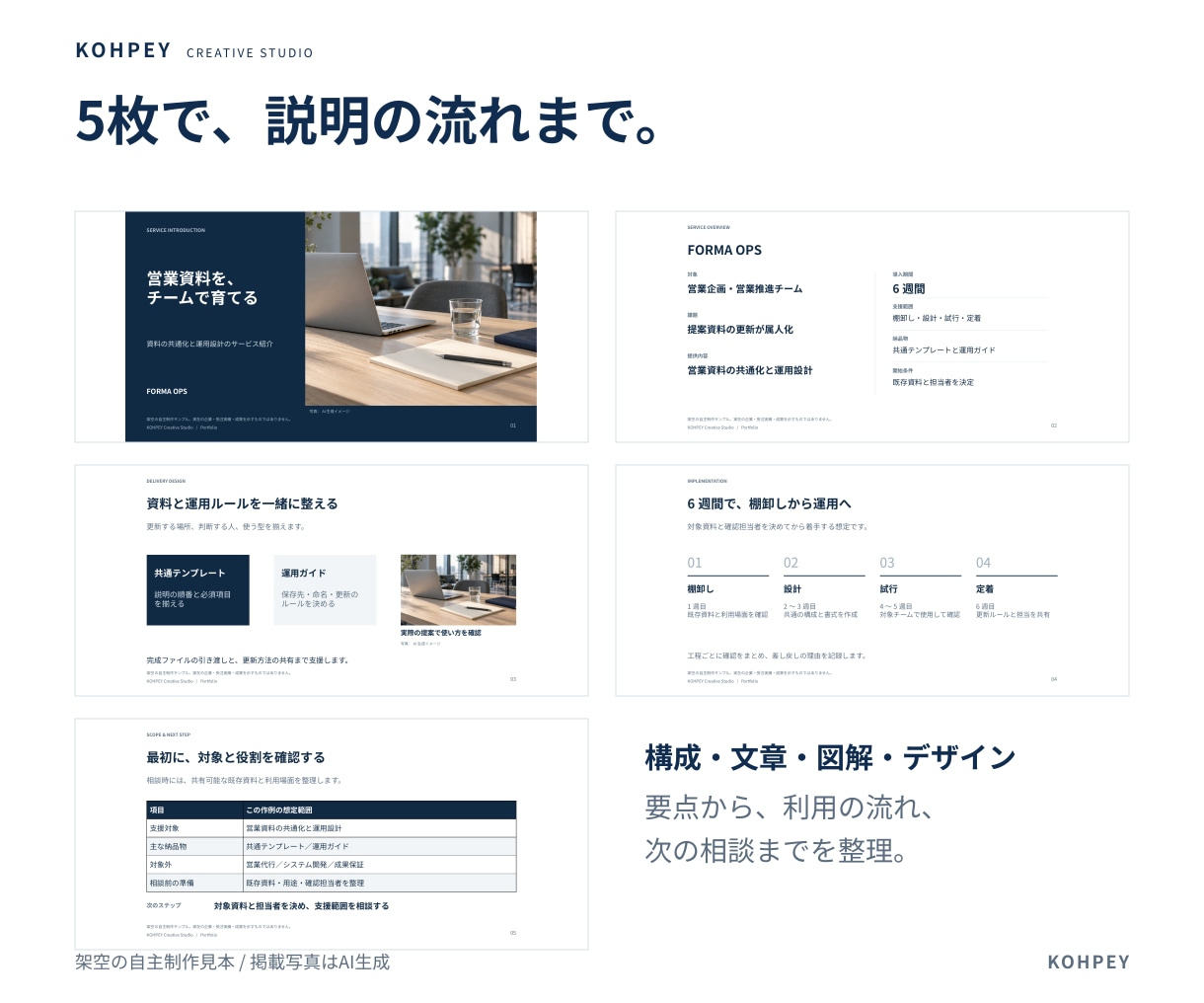 Wordやメモから営業・説明資料を作成します 情報整理から構成・文章・図解まで。5枚の資料に整えます イメージ2