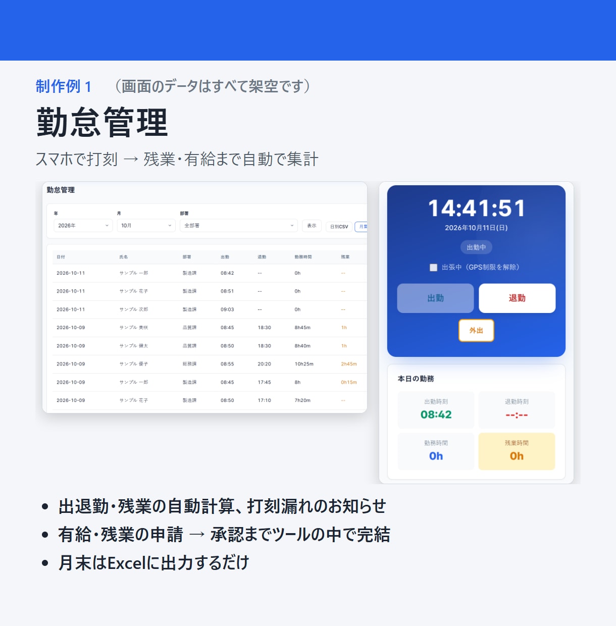 現場の紙・Excel作業を使いやすいツールにします 勤怠・品質記録・作業記録を、PCとスマホで入力→自動集計 イメージ2