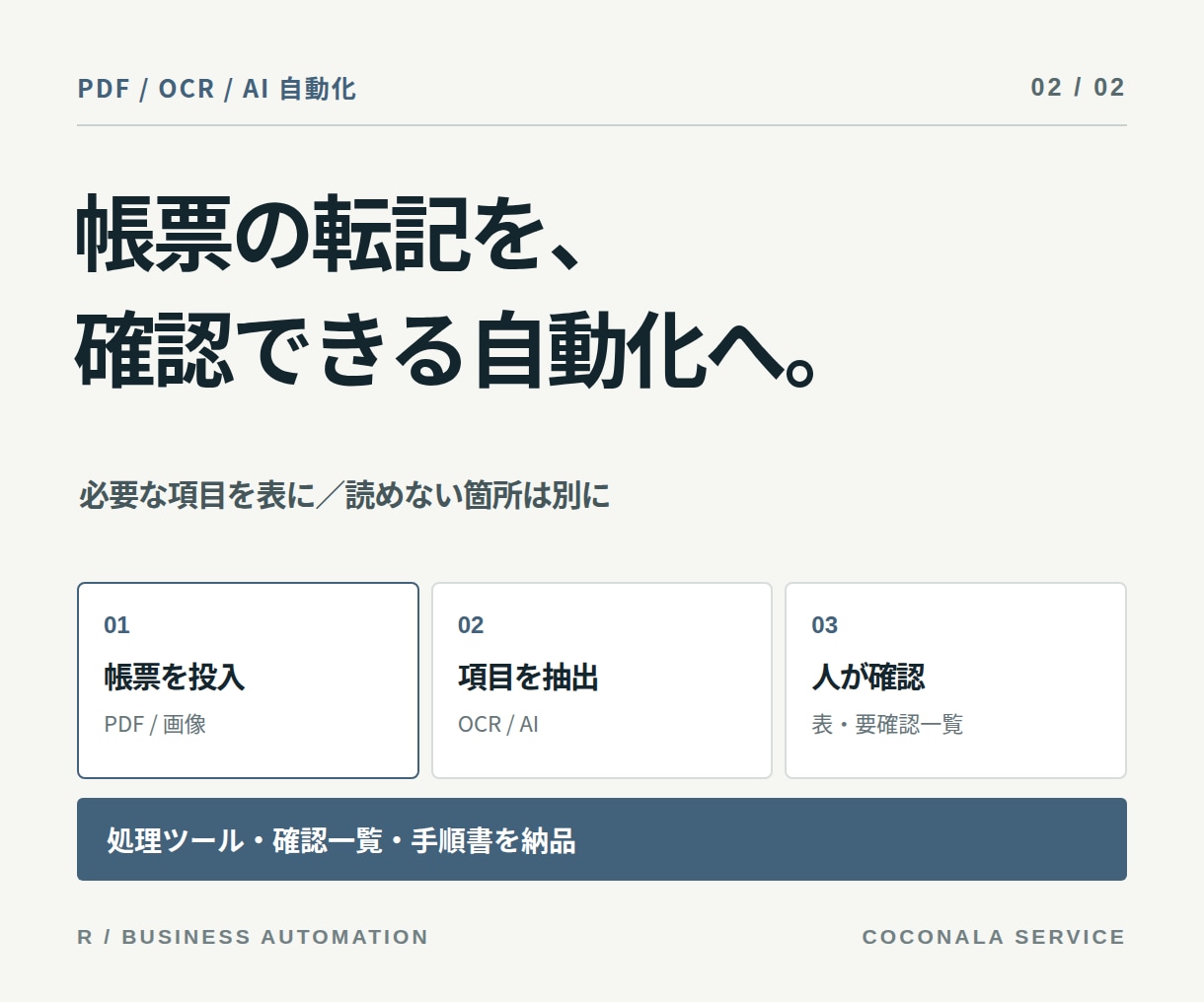 PDF帳票の入力をAIで自動化します 必要な項目を表にし、要確認箇所も分けて納品 イメージ1