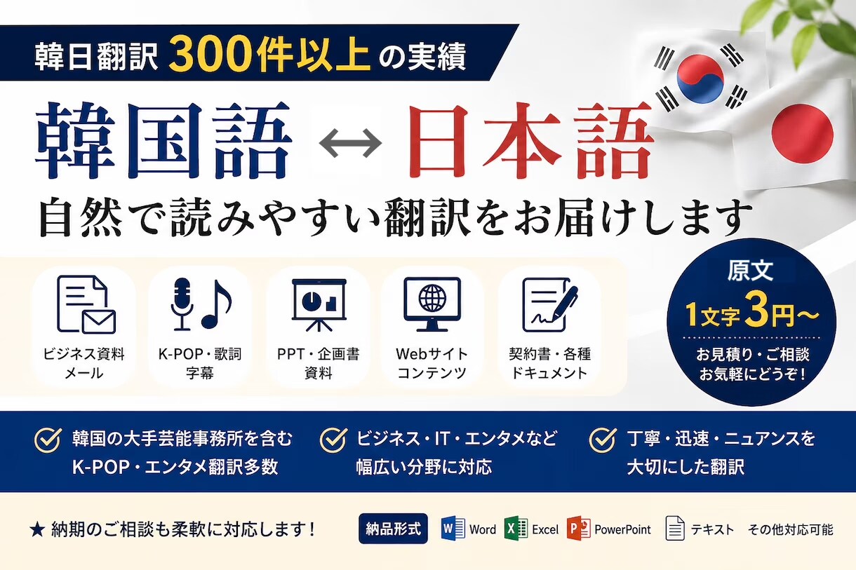 ビジネス向け | 自然な表現で韓国語翻訳します 日⇆韓翻訳300件以上｜丁寧で読みやすい文章に翻訳します イメージ1