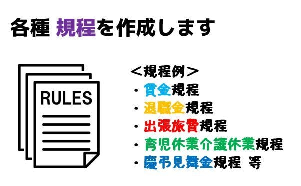 各種規程を作成します 最新の法改正に対応した内容で作成します イメージ1