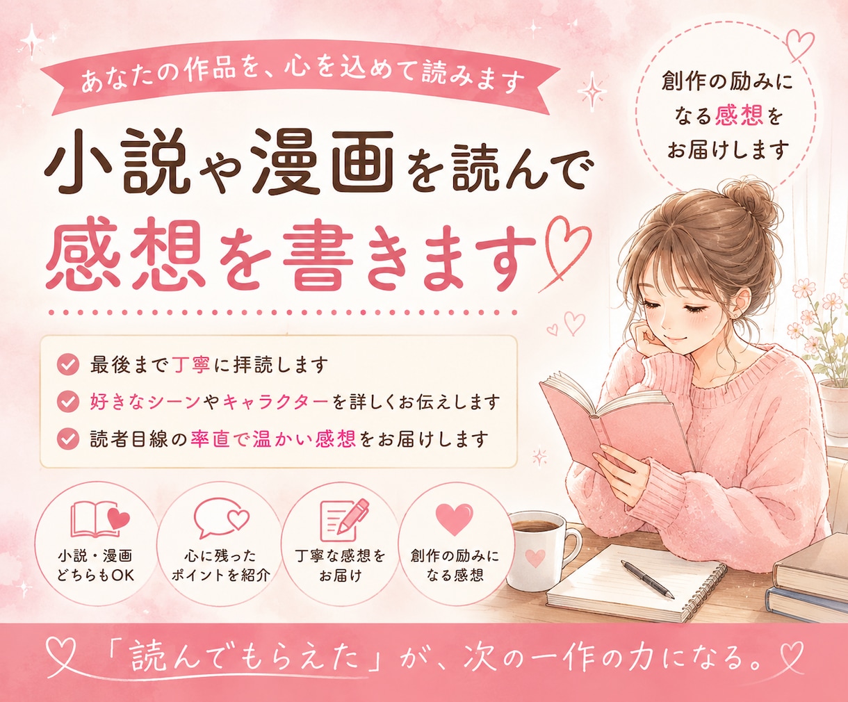 創作の励みになる！あなたの作品の感想を書きます あなたの作品に、一人の読者として向き合います。 イメージ1