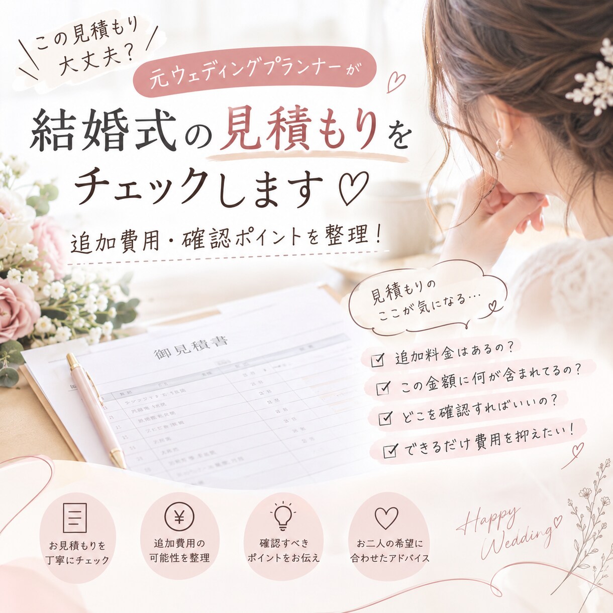 元ウェディングプランナーが見積もりチェックします お値段下げれるところは下げます イメージ1