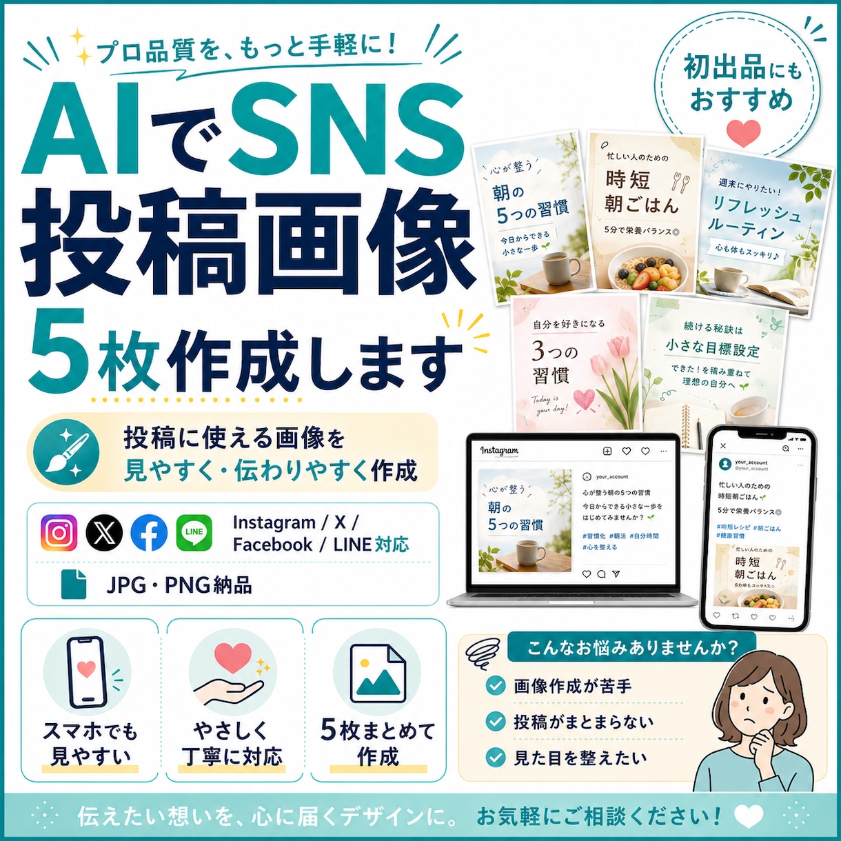 AIでSNS投稿画像を5枚作ります 投稿に使える画像を見やすく作成します イメージ1