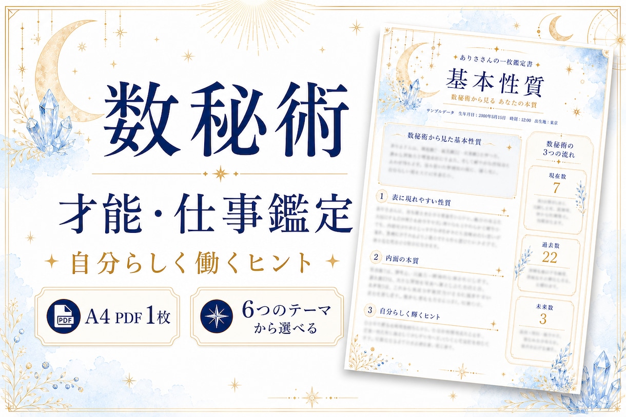 数秘術であなたの才能・仕事の活かし方を鑑定します 自分らしく働きたい方へ。生年月日からテーマを一つ読み解きます イメージ1