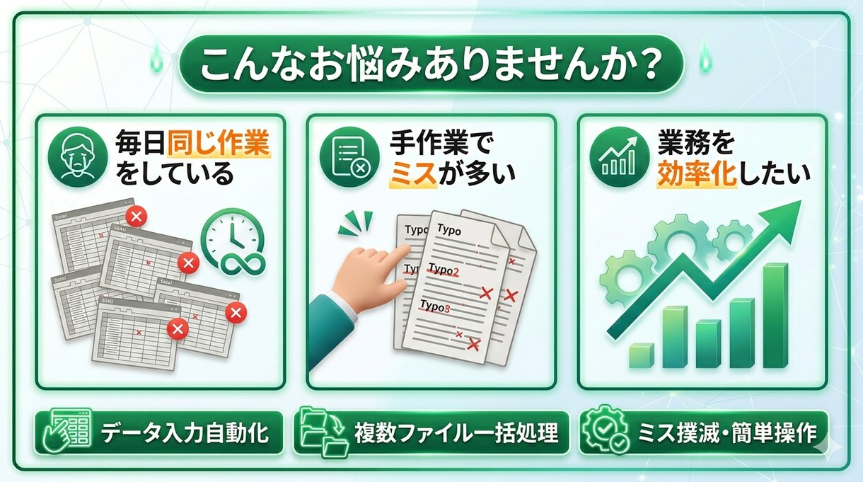 マクロで業務効率化｜ Excel作業を自動化します 「毎日のExcel作業、時間かかっていませんか？」 イメージ2
