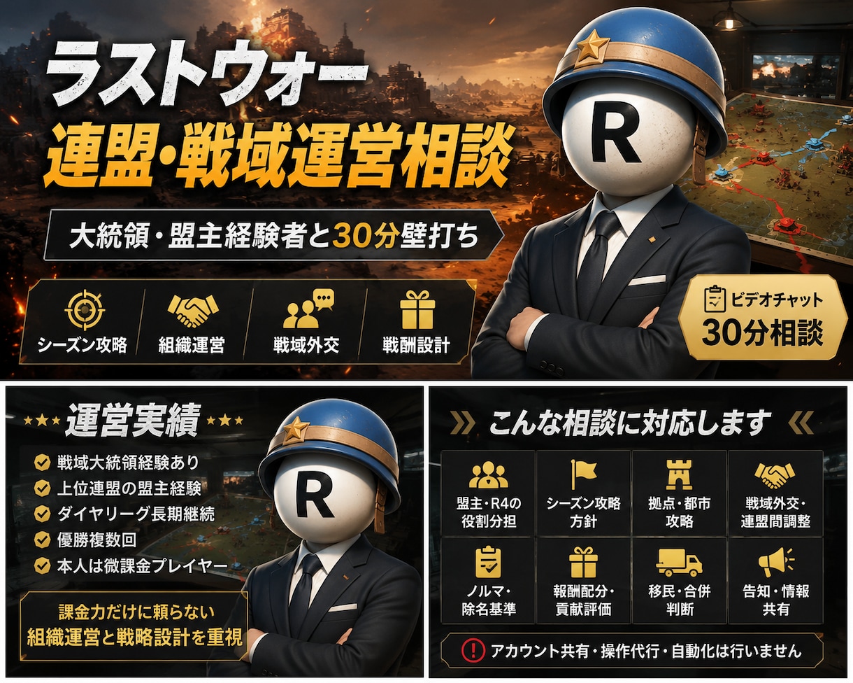 ラストウォー連盟・戦域運営の相談にのります Tier1常連大統領・盟主経験者が攻略や組織運営を手伝います イメージ1
