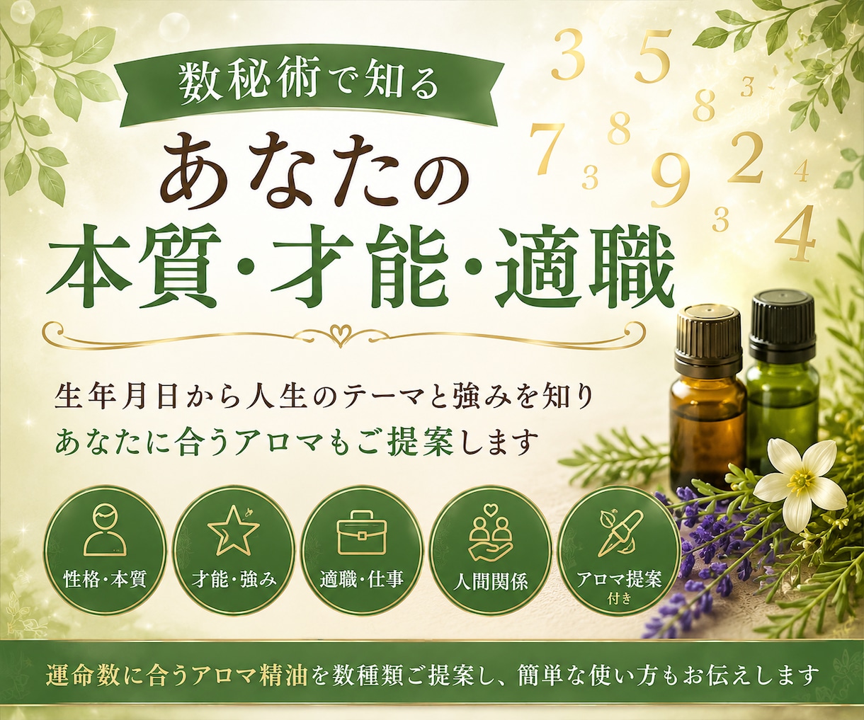 数秘術であなたの本質・才能・適職を読み解きます 人生のテーマと強みを知り、あなたに合うアロマもご提案します イメージ1