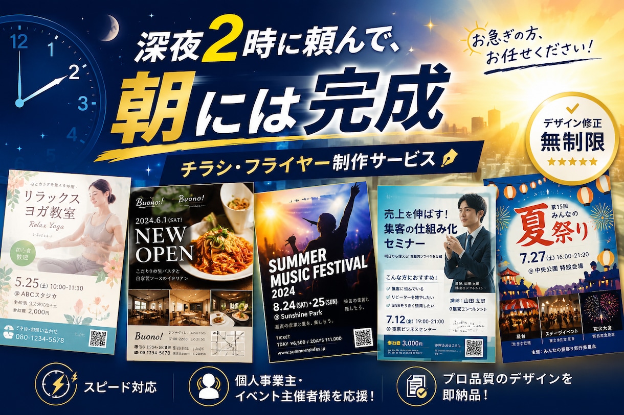 最短8時間チラシ納品｜深夜対応受付けます 深夜2時に頼んで、朝には完成。 イメージ1