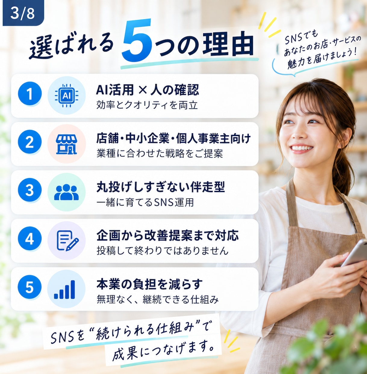 SNS運用を企画から投稿制作・改善まで支援します SNS投稿のお悩み、まとめて解決します イメージ3