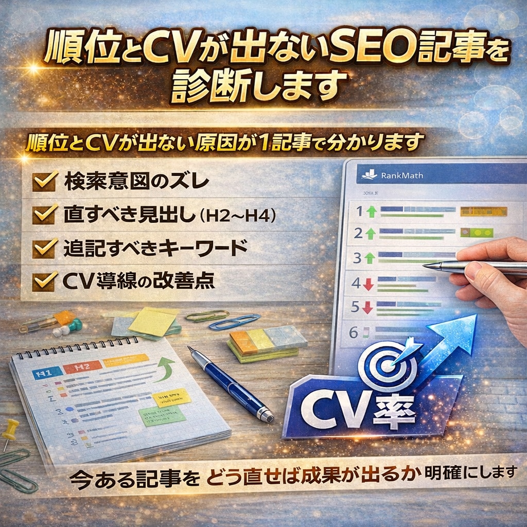 順位とCVが出ないSEO記事を診断します 【順位が伸びない・CVが出ない原因を特定】 イメージ2