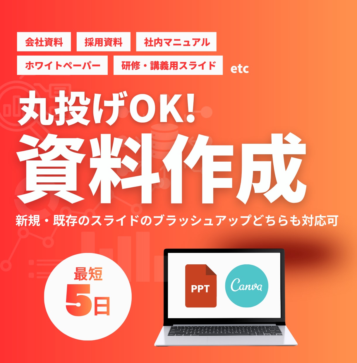 資料作成〜構成からデザインまでサポートいたします ビジネスをカタチに！伝わるスライドでビジネスを加速させます。 イメージ1