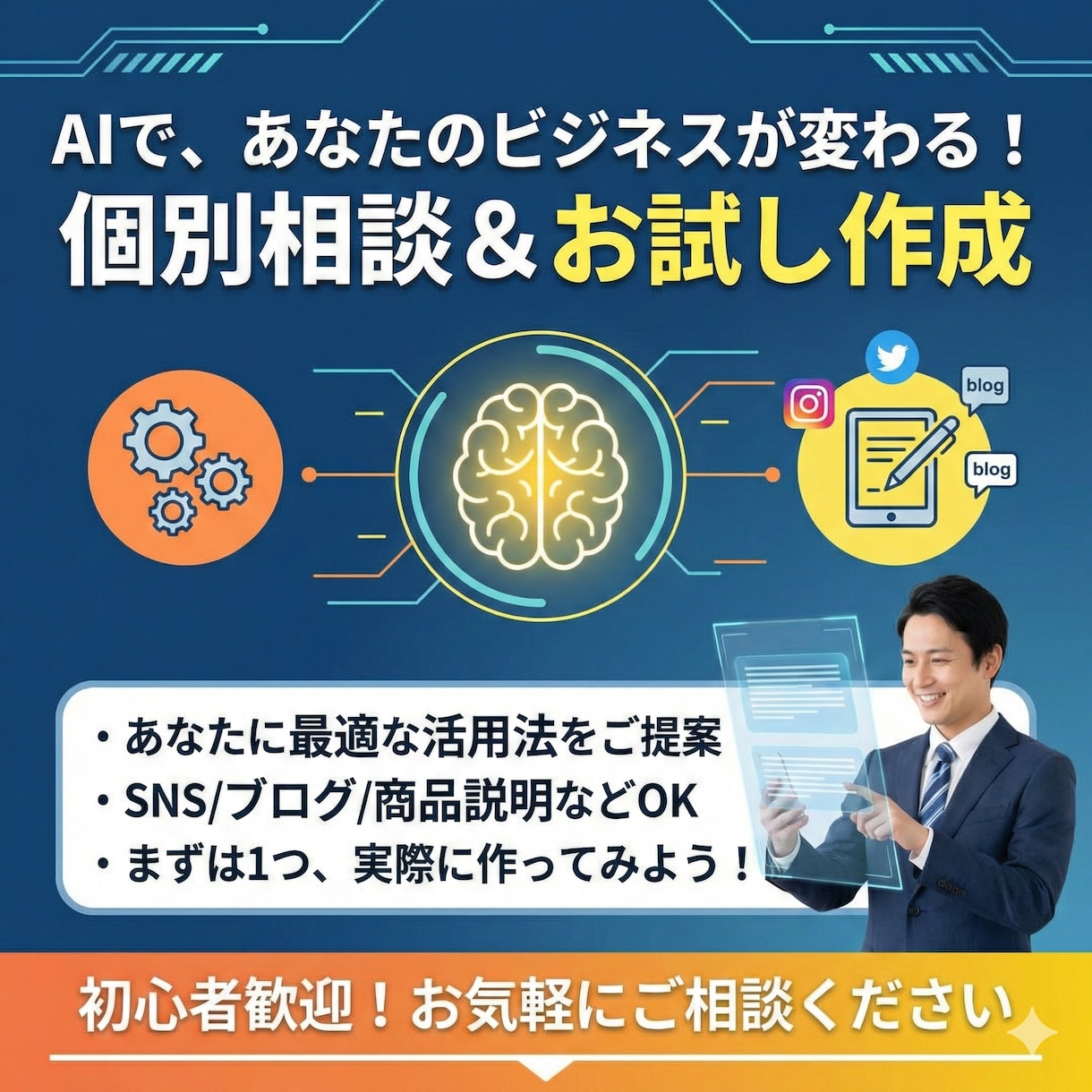AIでコンテンツ作成のお悩み解決します 「AIでこんなこと、できる？」 そんな疑問にお答えします。 イメージ1