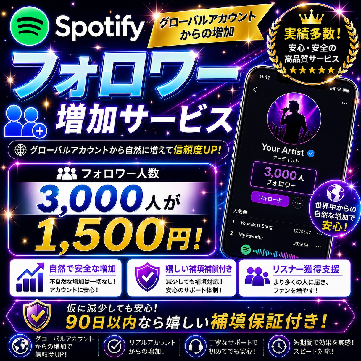 Spotifyフォロワー人数3000人増やします グローバルアカウントを増やします！嬉しい補填補償付き！ イメージ1